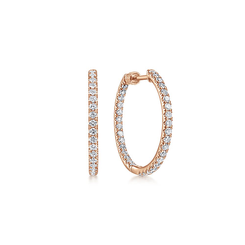 14K Rose Gold French Pavé 20mm Round Inside Out Diamond Hoop Earrings