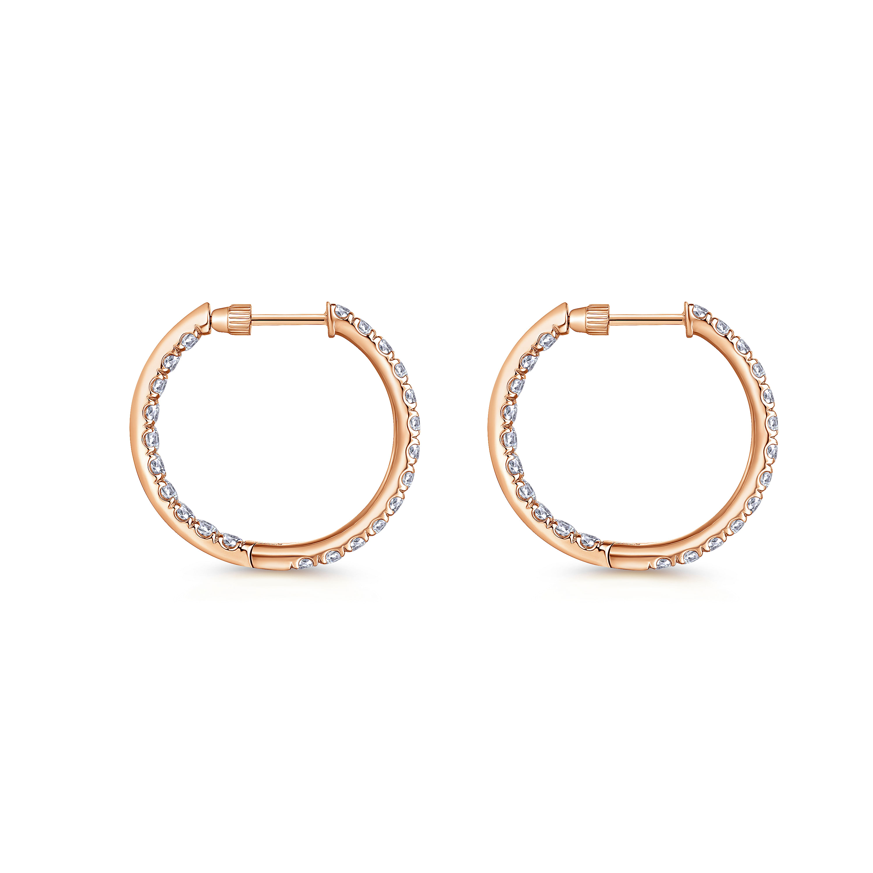 14K Rose Gold French Pavé 20mm Round Inside Out Diamond Hoop Earrings