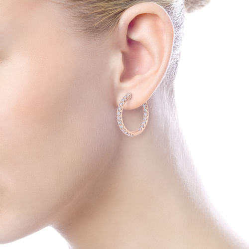 14K Rose Gold French Pavé 20mm Round Inside Out Diamond Hoop Earrings