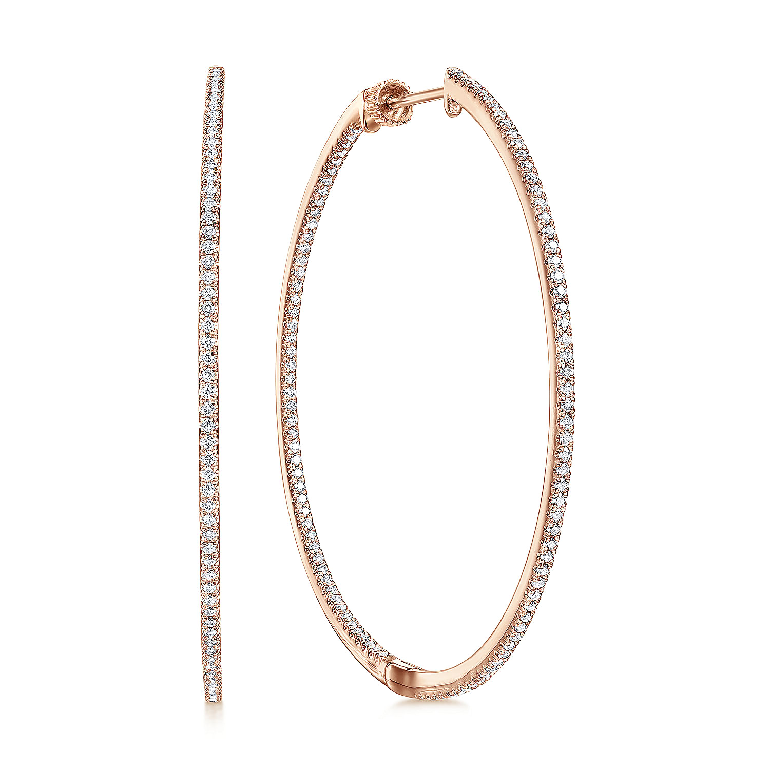 14K Rose Gold French Pavé 50mm Round Inside Out Diamond Classic Hoop Earrings