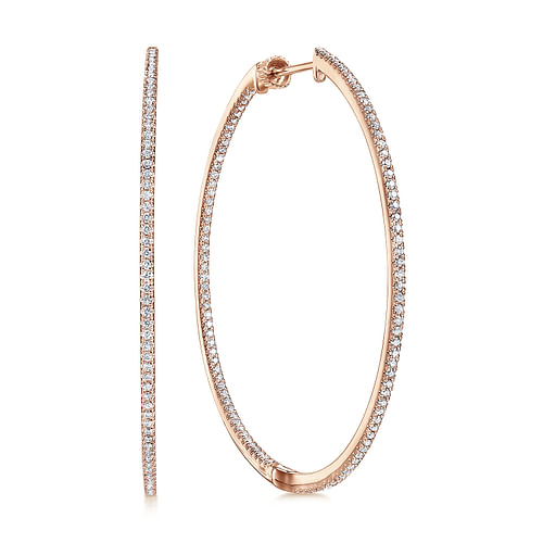 14K Rose Gold French Pavé 50mm Round Inside Out Diamond Classic Hoop Earrings