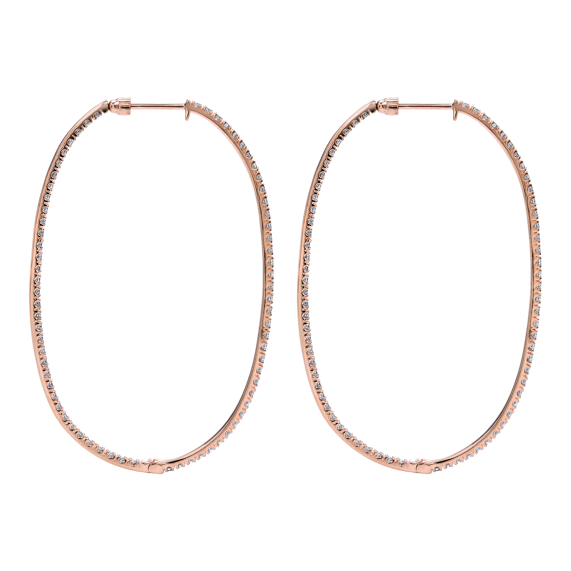 14K Rose Gold French Pavé 55mm Oval Inside Out Diamond Hoop Earrings