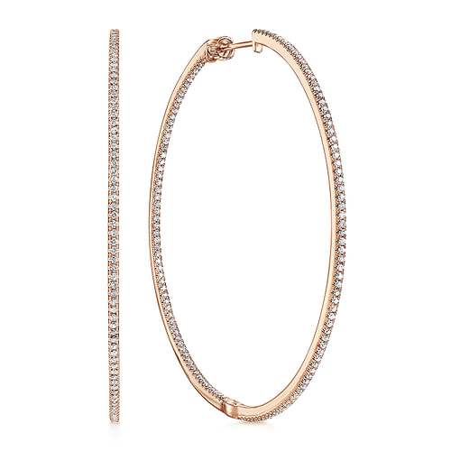 14K Rose Gold French Pavé 60mm Round Inside Out Diamond Classic Hoop Earrings