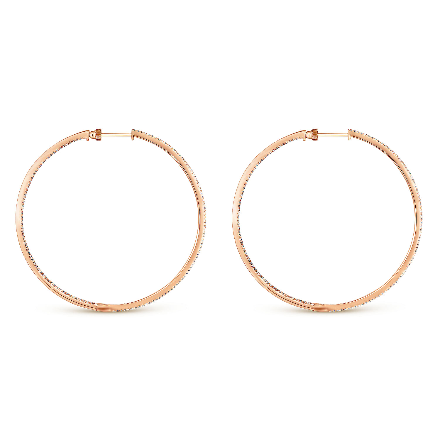 14K Rose Gold French Pavé 60mm Round Inside Out Diamond Classic Hoop Earrings