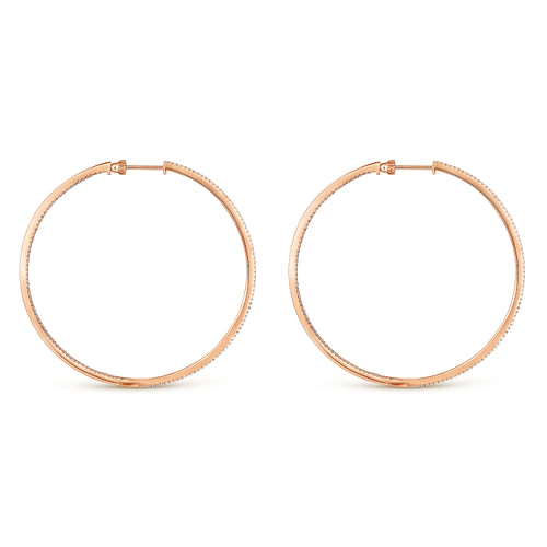 14K Rose Gold French Pavé 60mm Round Inside Out Diamond Classic Hoop Earrings