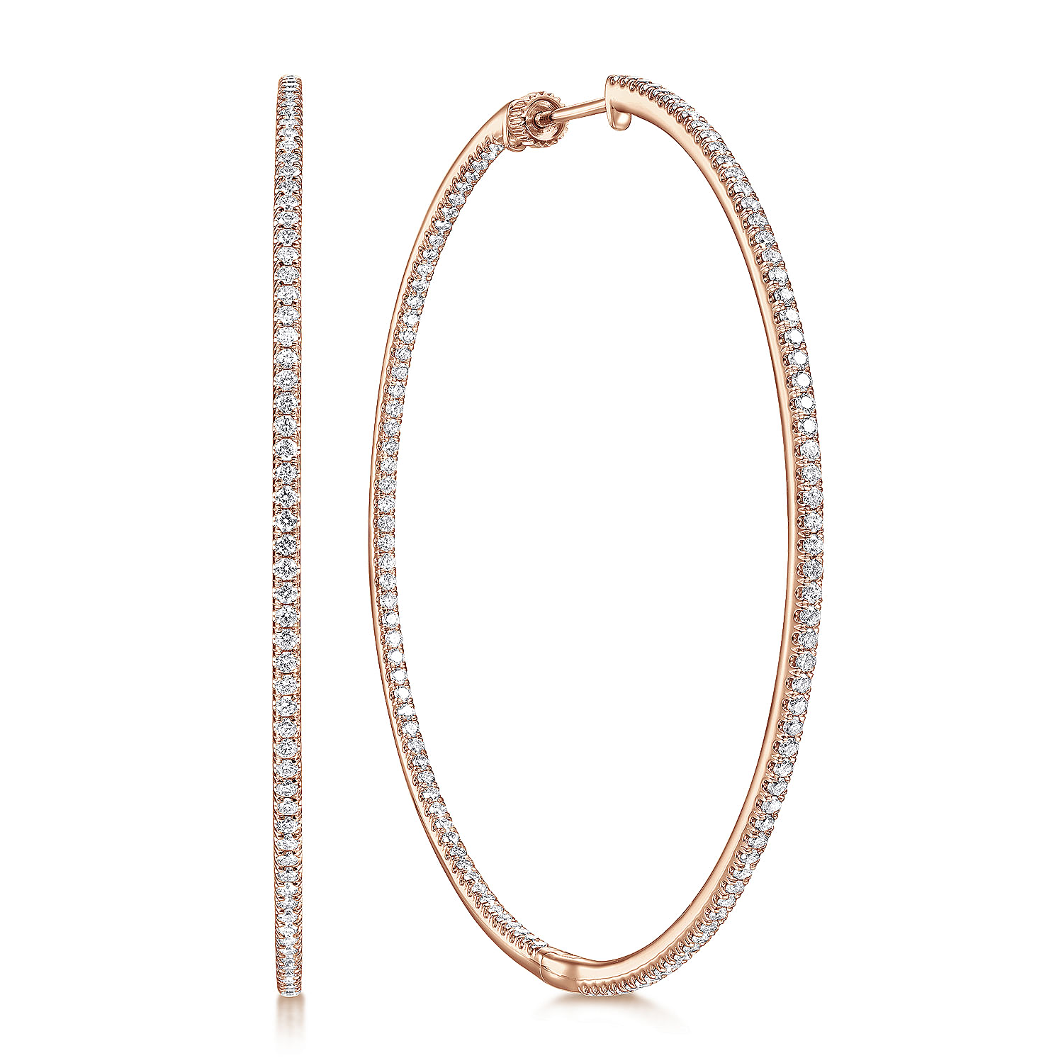 14K Rose Gold French Pavé 60mm Round Inside Out Diamond Classic Hoop Earrings