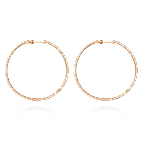 14K Rose Gold French Pavé 60mm Round Inside Out Diamond Classic Hoop Earrings