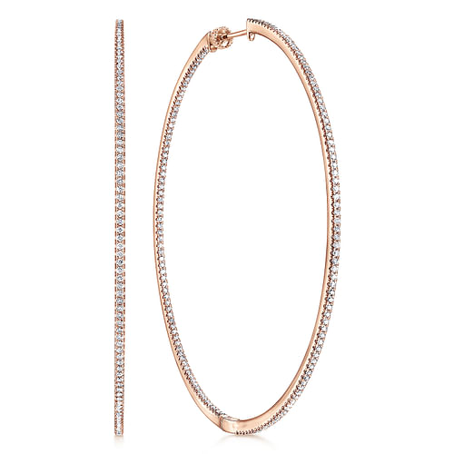 14K Rose Gold French Pavé 70mm Round Inside Out Diamond Classic Hoop Earrings