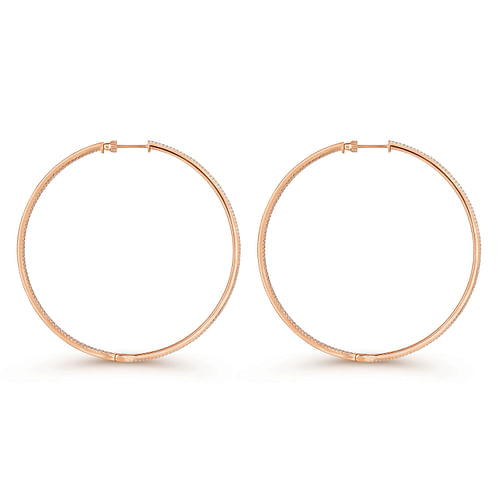 14K Rose Gold French Pavé 70mm Round Inside Out Diamond Classic Hoop Earrings