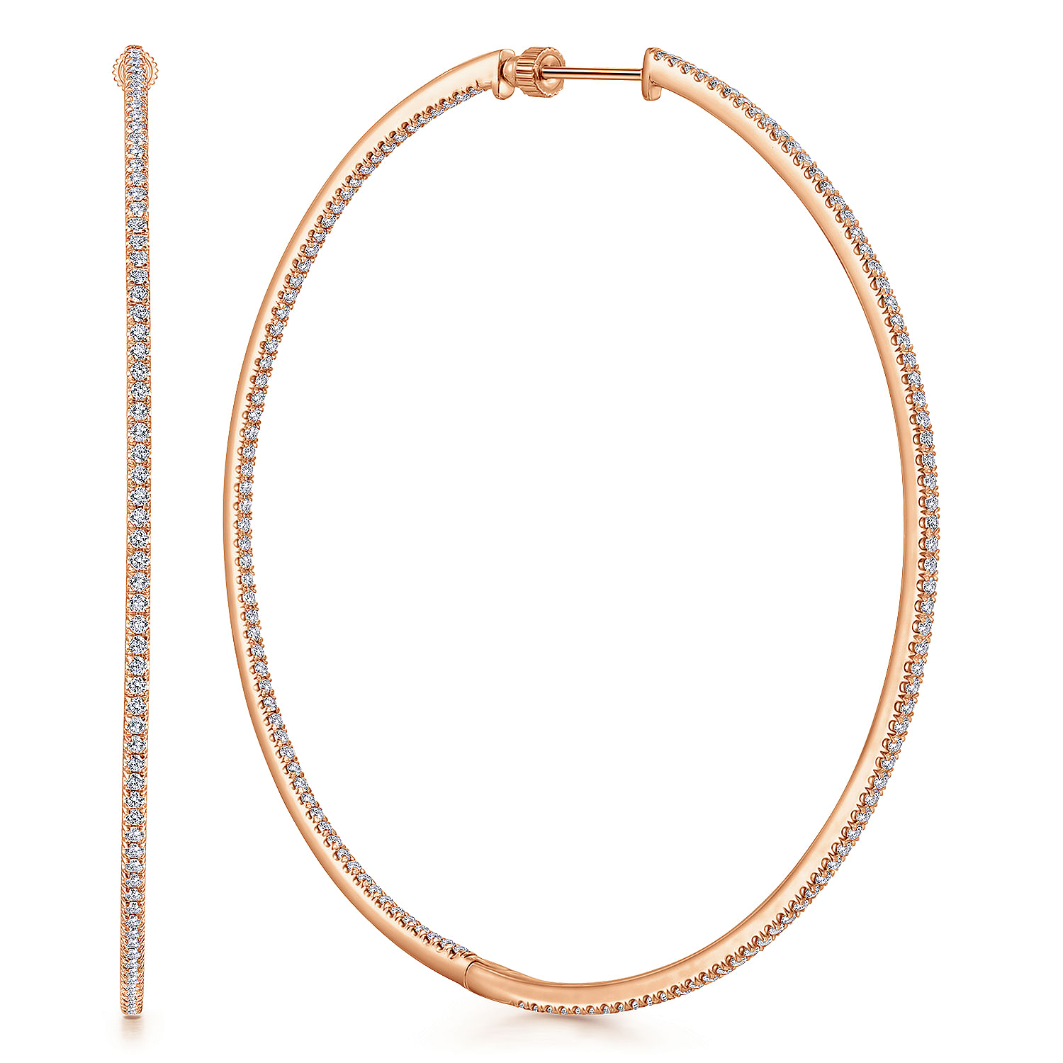 14K Rose Gold French Pavé 70mm Round Inside Out Diamond Classic Hoop Earrings