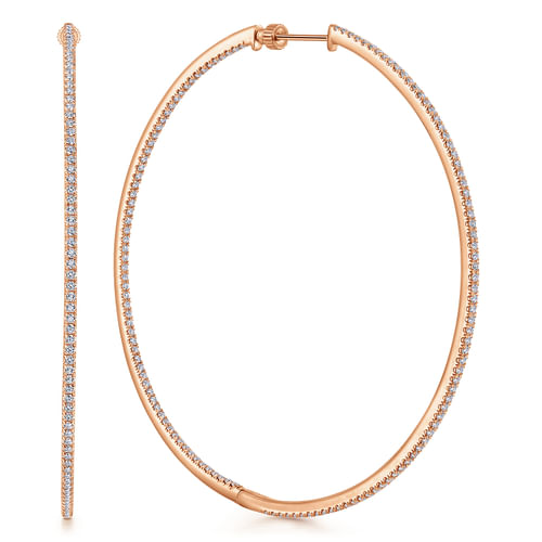 14K Rose Gold French Pavé 70mm Round Inside Out Diamond Classic Hoop Earrings