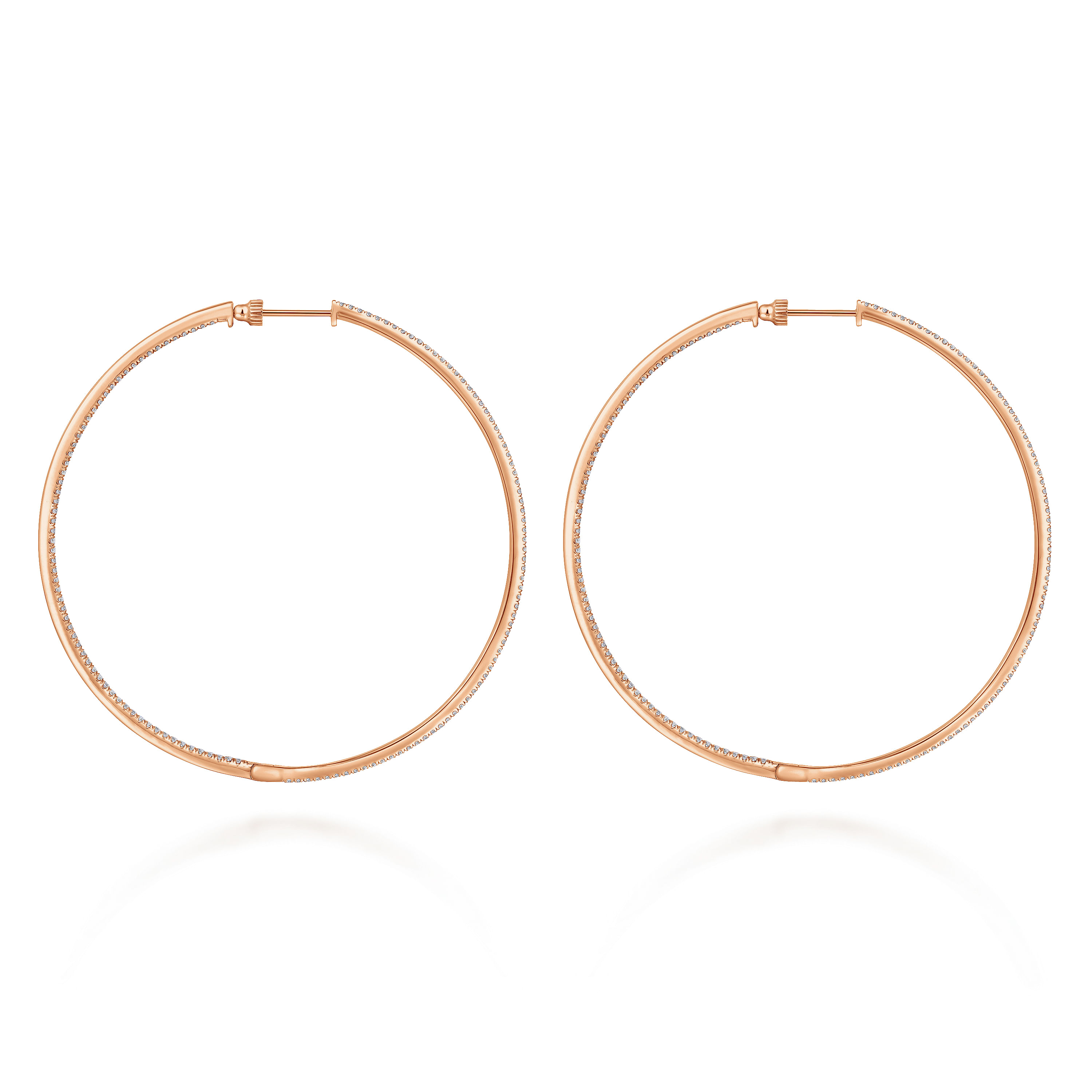 14K Rose Gold French Pavé 70mm Round Inside Out Diamond Classic Hoop Earrings