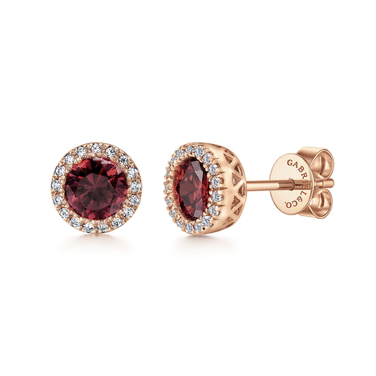 Gabriel - 14K Rose Gold Garnet and Diamond Halo Stud Earrings
