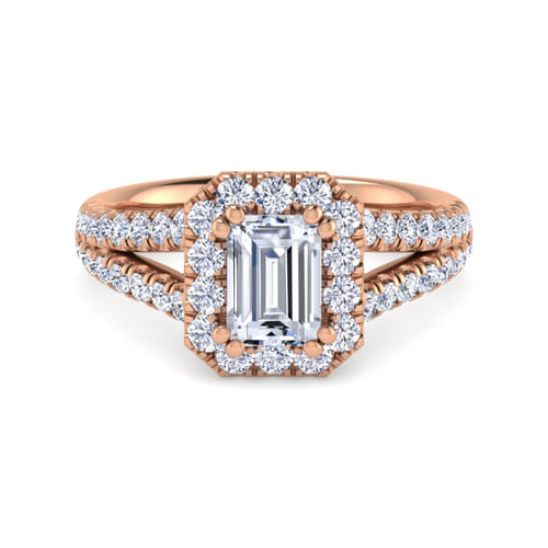 14K Rose Gold Halo Emerald Cut Diamond Engagement Ring