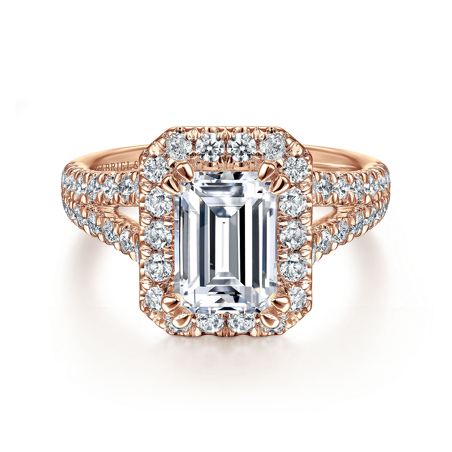 Gabriel - 14K Rose Gold Halo Emerald Cut Diamond Engagement Ring
