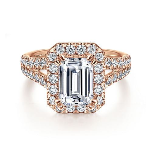 14K Rose Gold Halo Emerald Cut Diamond Engagement Ring