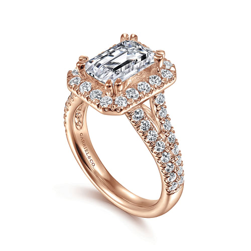 14K Rose Gold Halo Emerald Cut Diamond Engagement Ring