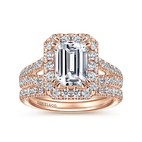 14K Rose Gold Halo Emerald Cut Diamond Engagement Ring