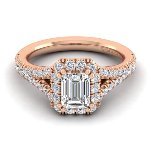 14K Rose Gold Halo Emerald Cut Diamond Engagement Ring