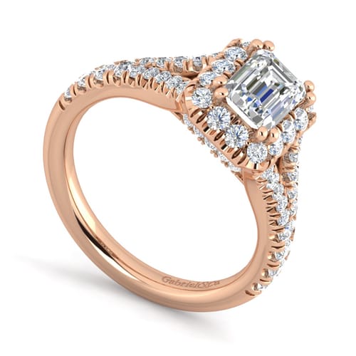 14K Rose Gold Halo Emerald Cut Diamond Engagement Ring