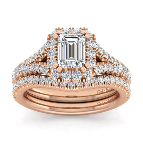 14K Rose Gold Halo Emerald Cut Diamond Engagement Ring