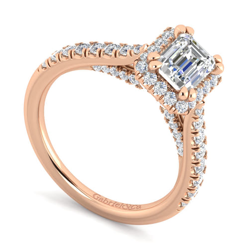 14K Rose Gold Halo Emerald Cut Diamond Engagement Ring