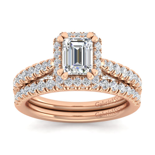 14K Rose Gold Halo Emerald Cut Diamond Engagement Ring