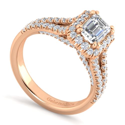 14K Rose Gold Halo Emerald Cut Diamond Engagement Ring