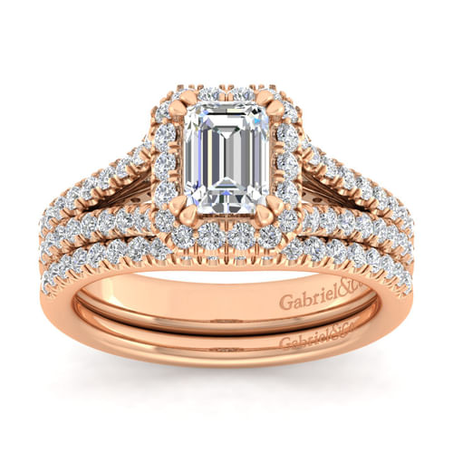14K Rose Gold Halo Emerald Cut Diamond Engagement Ring