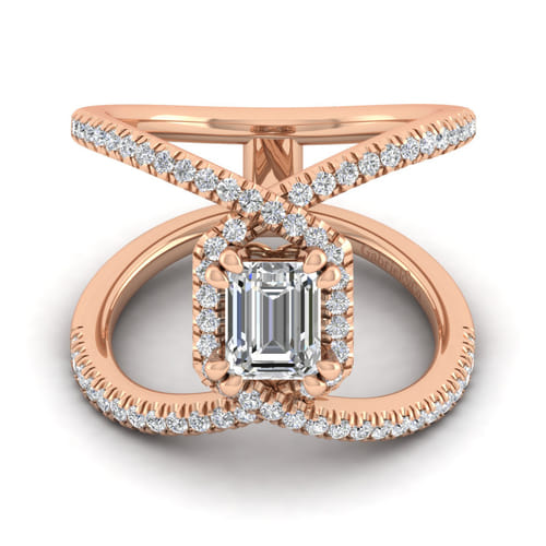 14K Rose Gold Halo Emerald Cut Diamond Engagement Ring
