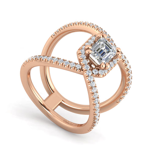 14K Rose Gold Halo Emerald Cut Diamond Engagement Ring