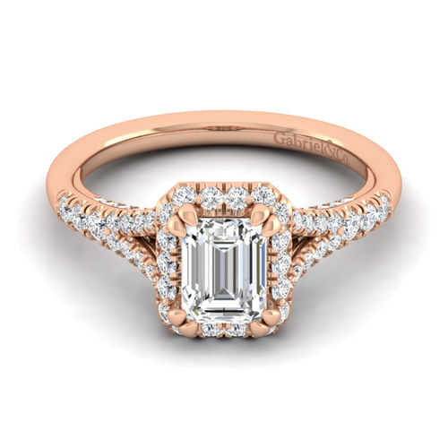 14K Rose Gold Halo Emerald Cut Diamond Engagement Ring