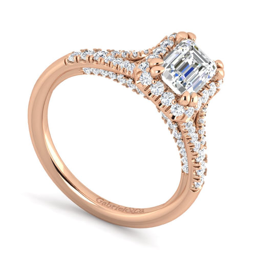 14K Rose Gold Halo Emerald Cut Diamond Engagement Ring