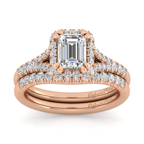 14K Rose Gold Halo Emerald Cut Diamond Engagement Ring