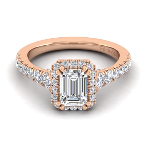 14K Rose Gold Halo Emerald Cut Diamond Engagement Ring