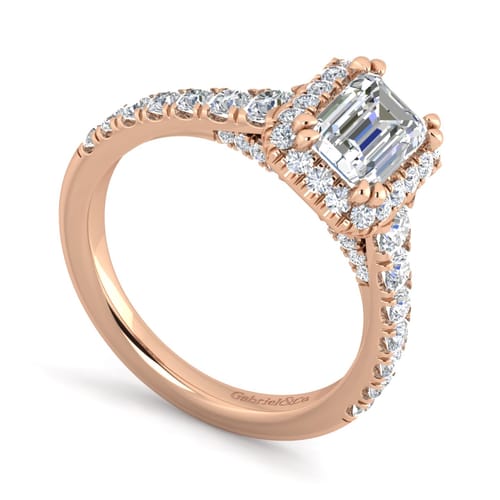 14K Rose Gold Halo Emerald Cut Diamond Engagement Ring
