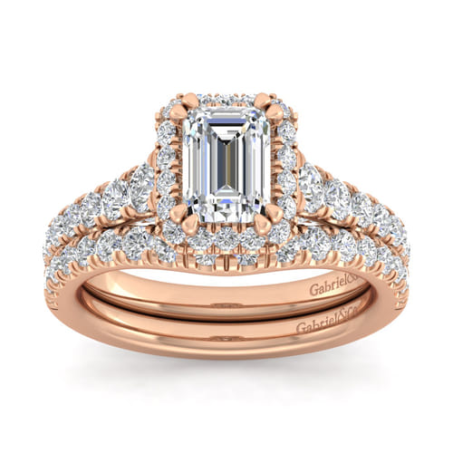 14K Rose Gold Halo Emerald Cut Diamond Engagement Ring