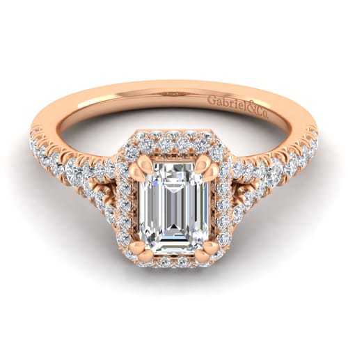 14K Rose Gold Halo Emerald Cut Diamond Engagement Ring