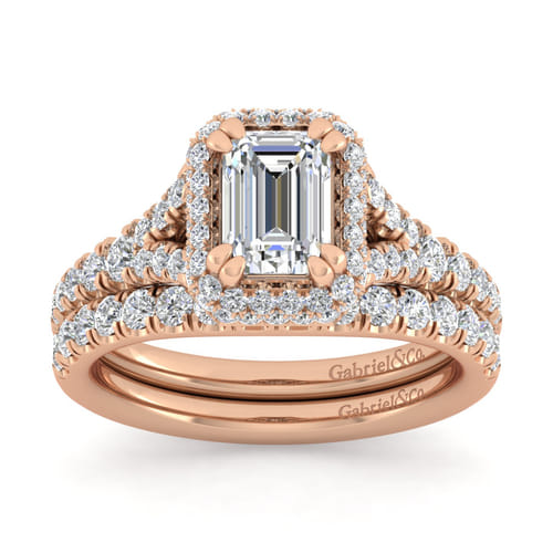 14K Rose Gold Halo Emerald Cut Diamond Engagement Ring