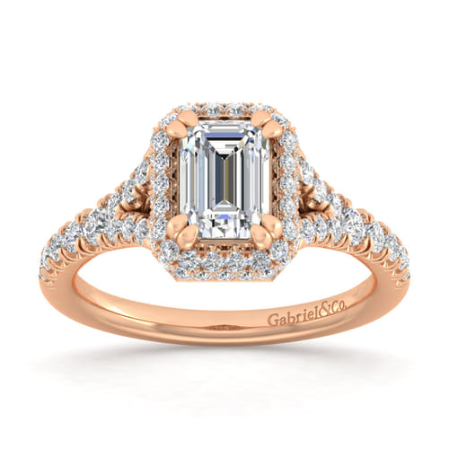 14K Rose Gold Halo Emerald Cut Diamond Engagement Ring