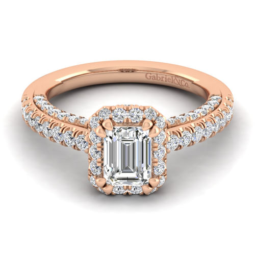 14K Rose Gold Halo Emerald Cut Diamond Engagement Ring