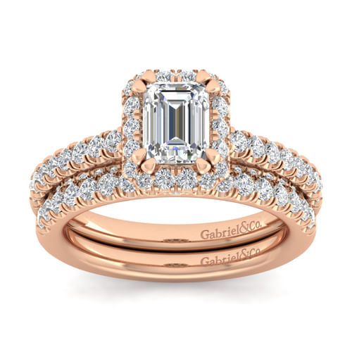 14K Rose Gold Halo Emerald Cut Diamond Engagement Ring