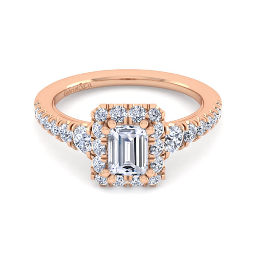14K Rose Gold Halo Emerald Cut Diamond Engagement Ring