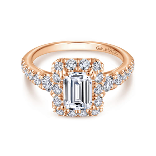 14K Rose Gold Halo Emerald Cut Diamond Engagement Ring