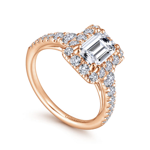 14K Rose Gold Halo Emerald Cut Diamond Engagement Ring