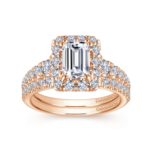 14K Rose Gold Halo Emerald Cut Diamond Engagement Ring