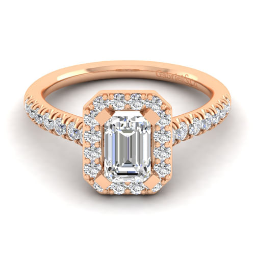 14K Rose Gold Halo Emerald Cut Diamond Engagement Ring