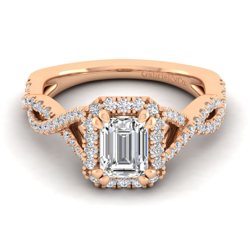 14K Rose Gold Halo Emerald Cut Diamond Engagement Ring