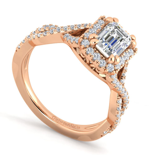 14K Rose Gold Halo Emerald Cut Diamond Engagement Ring