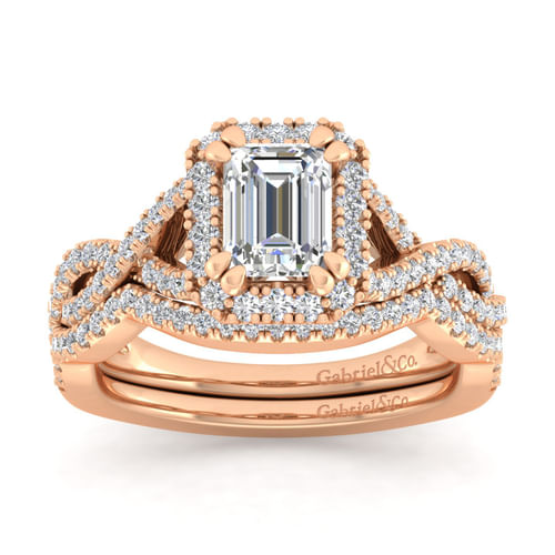 14K Rose Gold Halo Emerald Cut Diamond Engagement Ring